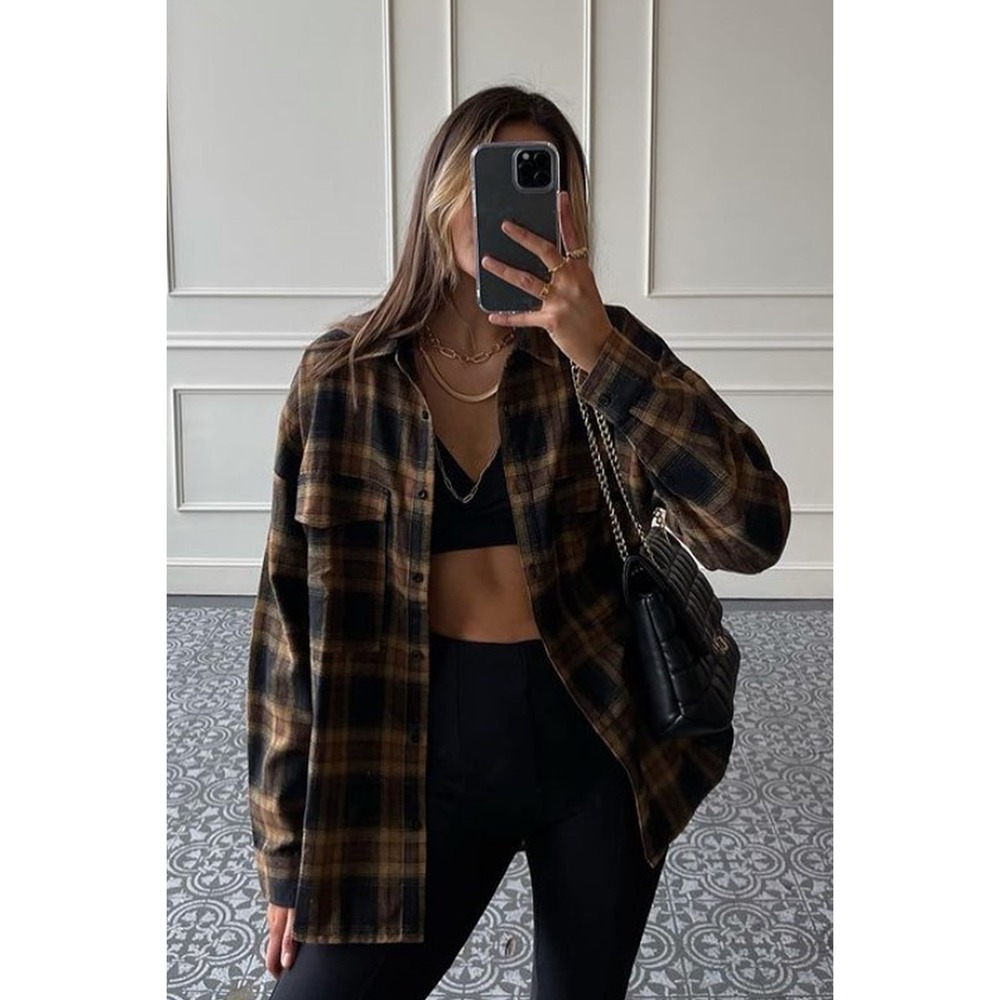 NWT. 12th Tribe Fireside Mocha Plaid Flannel Size O/SO/S